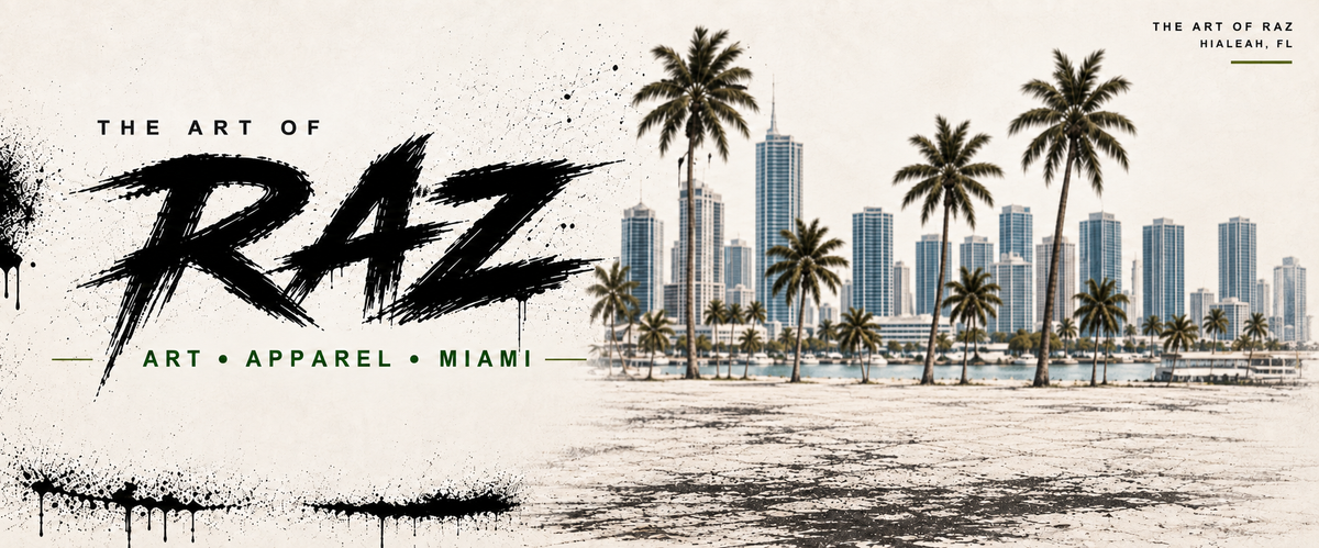RAZ brush lettering and Miami skyline