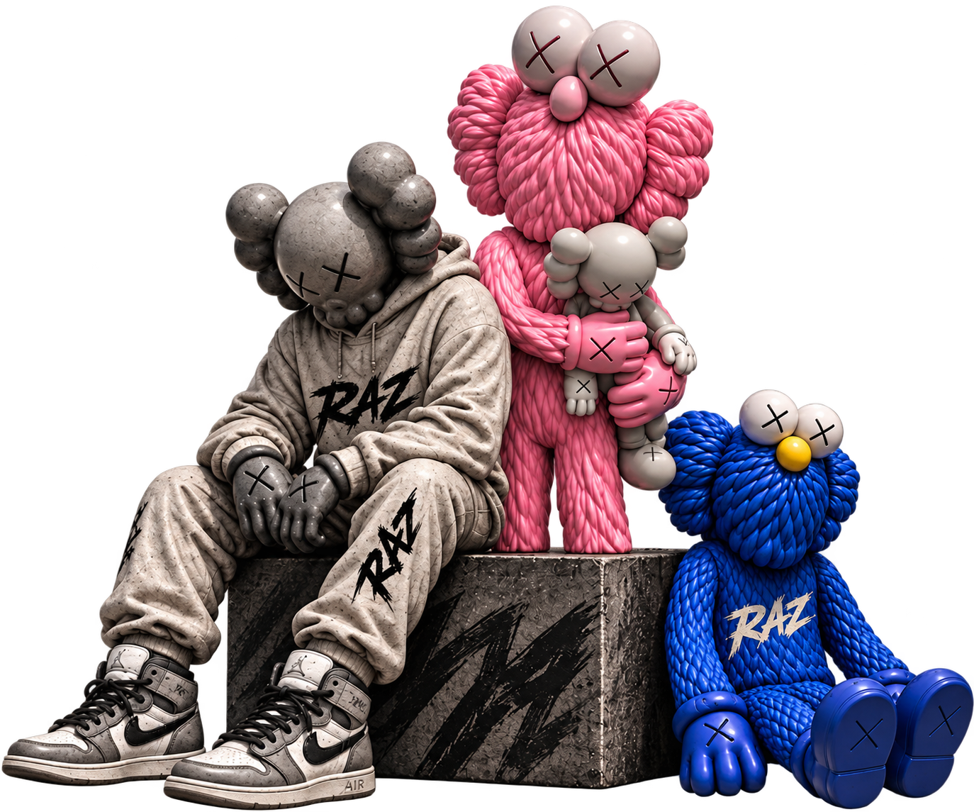 Conceptual RAZ artwork featuring gray, pink and blue sculptural characters