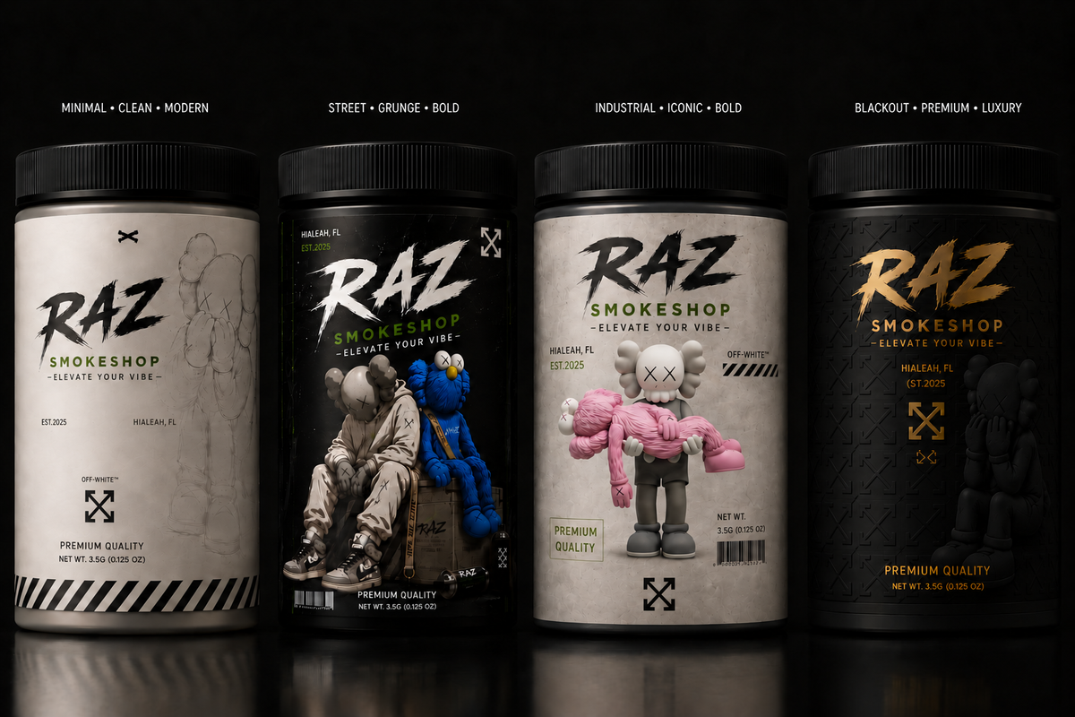 Four RAZ decorative jar design concepts labeled Premium Quality