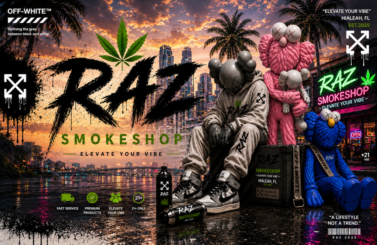 RAZ sunset artwork with streetwear characters and the Miami skyline